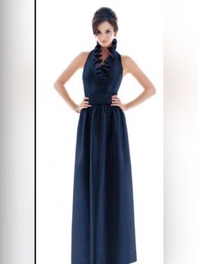 ALFRED SUNG Navy Ruffled Halter Maxi Dress